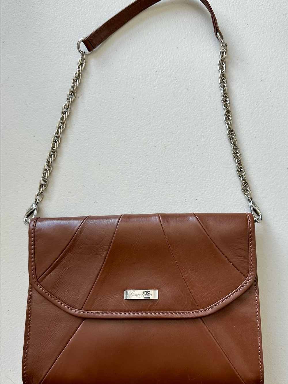 Grace Adele Brown Leather Shoulder Bag with Chain Strap and Leopard Print